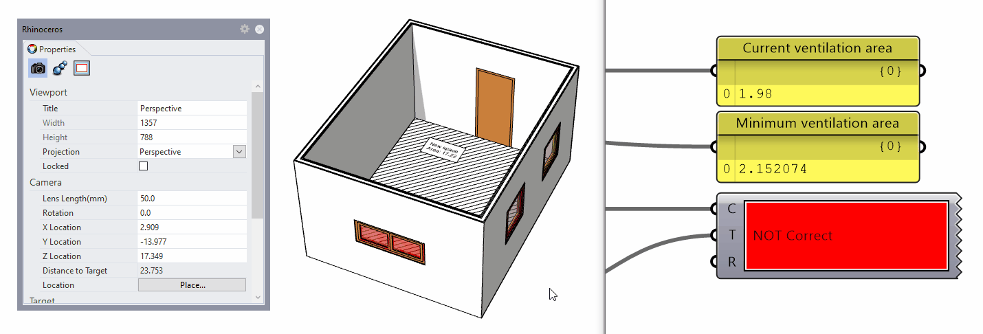 Example of how to use VisualARQ Grasshopper components to check if the minimum ventilation area regulation is fulfilled in a room. Example of how to use VisualARQ Grasshopper components to check if the minimum ventilation area regulation is fulfilled in a room.
