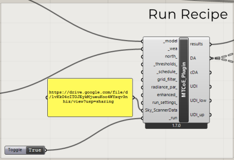 This component works like AnnualDaylighting component of Honeybee Radiance with an extra input of MTCoE- Sky Scanner Data for north Indian sky conditions. This component works like AnnualDaylighting component of Honeybee Radiance with an extra input of MTCoE- Sky Scanner Data for north Indian sky conditions.