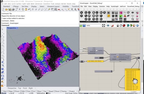 DuneWorm Simulate Dune Formation Process. Supporting customize physics and wind direction for realistic simulations, with flexible Points3d or Brep ouputs.