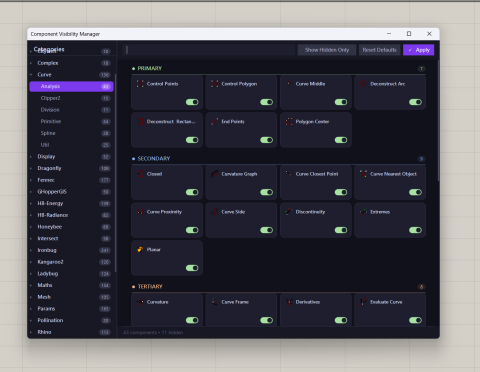 Declutter your Grasshopper ribbon! Easily hide unused components or reveal hidden developer tools using a sleek, powerful, and persistent Component Visibility Manager.