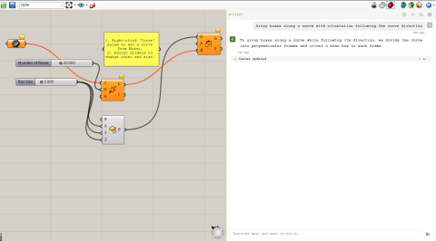 AI assistant for Grasshopper. Describe what you want in plain language — Pilot places components, wires connections, and writes scripts directly on your canvas. 