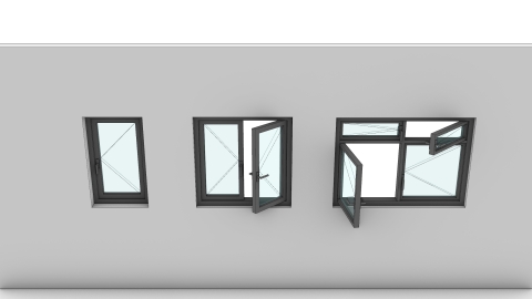 Set of Casement windows with handles: 1 Leaf, double leaf, and 2x2 leaves.