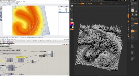 Chameleon creates a live link between Grasshopper and Zbrush to quickly exchange geometry and parametrically set up command sequences.
