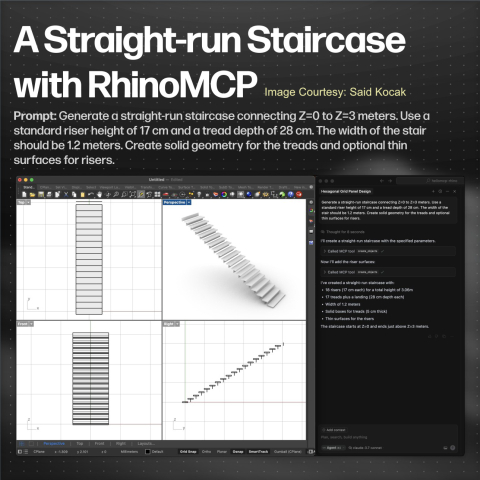 RhinoMCP connects Rhino to AI agents through the Model Context Protocol (MCP), allowing AI agents to directly interact with and control Rhino.
