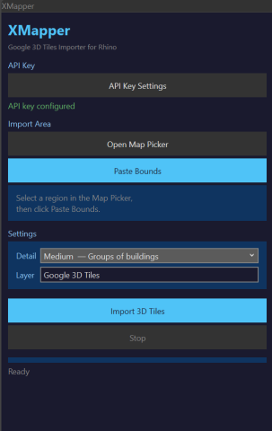 Import Google Photorealistic 3D Tiles into Rhino 8 as textured meshes with parallel import, LOD control, and auto-grouping.
