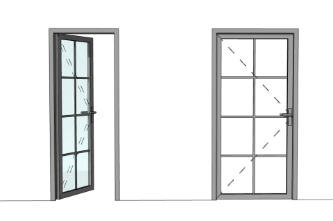 Set of hinged doors with glass and handles.