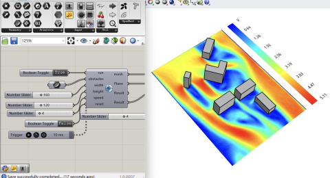 Written based on simplified fluid dynamics equations, quickly generate simulation results by picking building outlines.