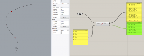 Takes a curve and set of numbers (lengths). Splits the curve using each number as chord. Returns points and parameters.
