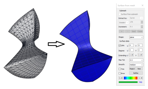 a reverse engineering tool that gives Rhino the ability to reconstruct NURB Surface(s) from mesh or point cloud with specified precision.
