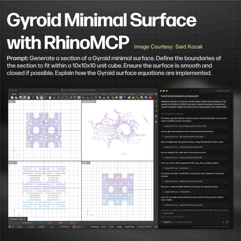 RhinoMCP connects Rhino to AI agents through the Model Context Protocol (MCP), allowing AI agents to directly interact with and control Rhino.
