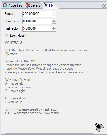Fly around the Rhino viewport from a first-person perspective. Like a video game, use WASD to move and the mouse to look around.
