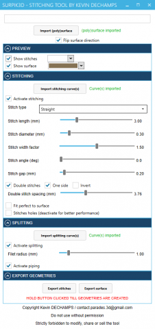 Surpik3D let you quickly generate several types of stitching automatically on your 3D model. Super easy to use thanks to its user interface. No Grasshopper skills required
