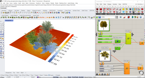 The GH uses Ladybug Tools to compute land surface temperature (human comfort anlysis) based on tree shading in urban environments. 