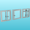Set of Casement windows with handles: 1 Leaf, double leaf, and 2x2 leaves.