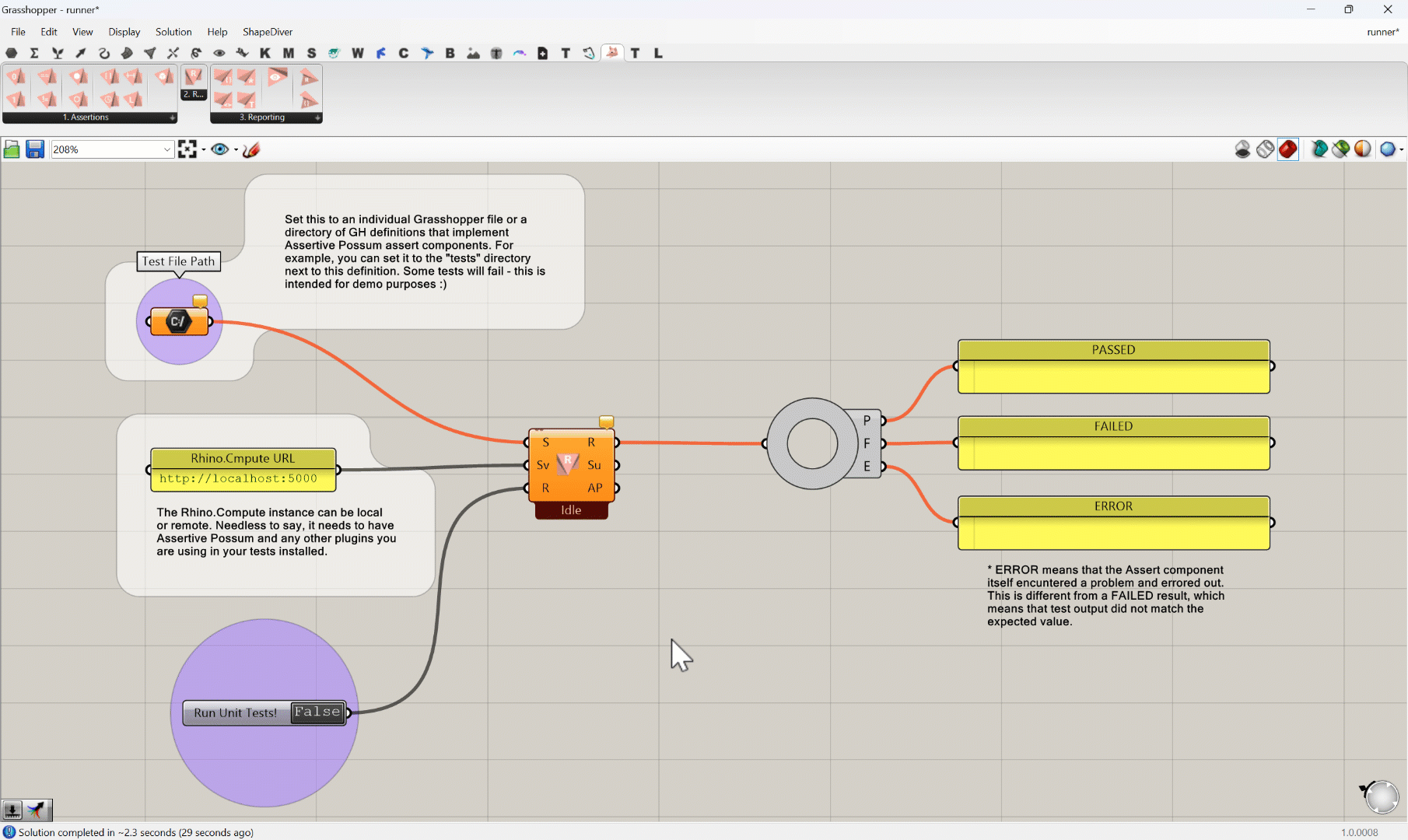 Assertive Possum is an integration testing / unit testing framework for Grasshopper. It lets plugin developers author test cases as native Grasshopper