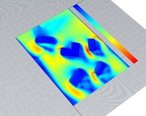 Written based on simplified fluid dynamics equations, quickly generate simulation results by picking building outlines.