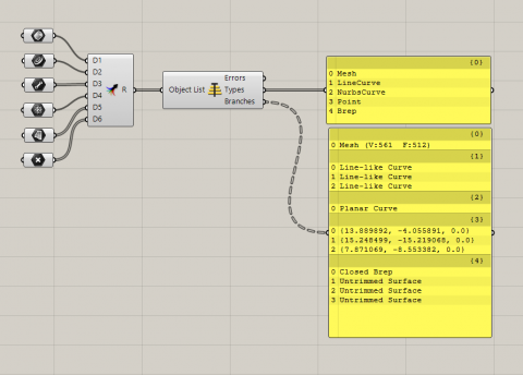 Branching a list of different geometries based on their type.