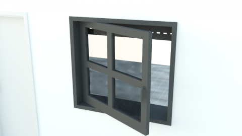 Window and door with handle and blind or slat blind.