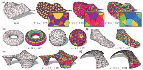This plugin can be used to cluster the faces of a mesh into a specified number of similar shapes and then optimize faces within the same group into congruent forms.