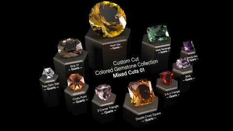 Mixed Cuts 01: A Collection of 10 custom cut virtual gemstones (native Rhino NURBS based closed polysurfaces) and 30+ custom V-Ray Next gem materials