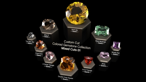 Mixed Cuts 01: A Collection of 10 custom cut virtual gemstones (native Rhino NURBS based closed polysurfaces) and 30+ custom V-Ray Next gem materials