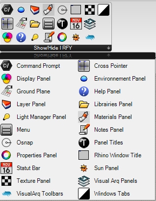This utility allows you to hide or independently display Rhino toolbars, panels, and other interface elements to customize the Rhino interface.
