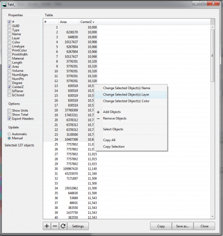 Tabl_ is a spreadsheet interface within Rhino for the viewing, editing, and exporting of object properties.
